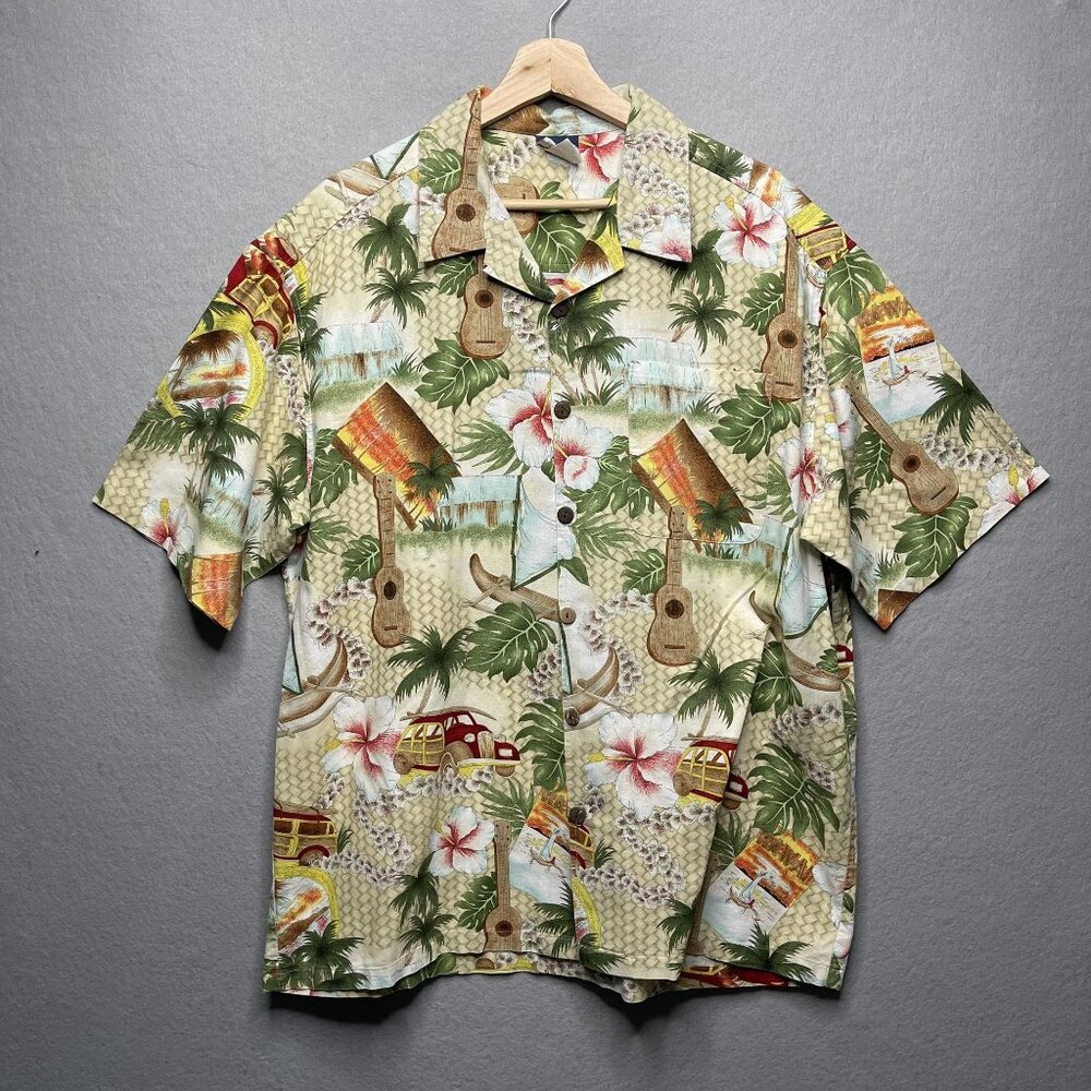 Vintage Reebesse Hawaiian Shirt Large Tropical Print  Made In USA Beige/Green